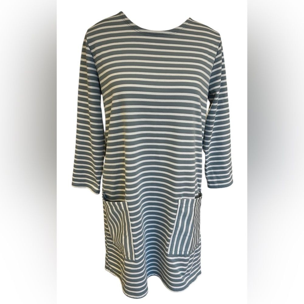 Abercrombie & Fitch Green Striped Dress 3/4 Sleeve Scoop Neck Above Knee- Sz Med